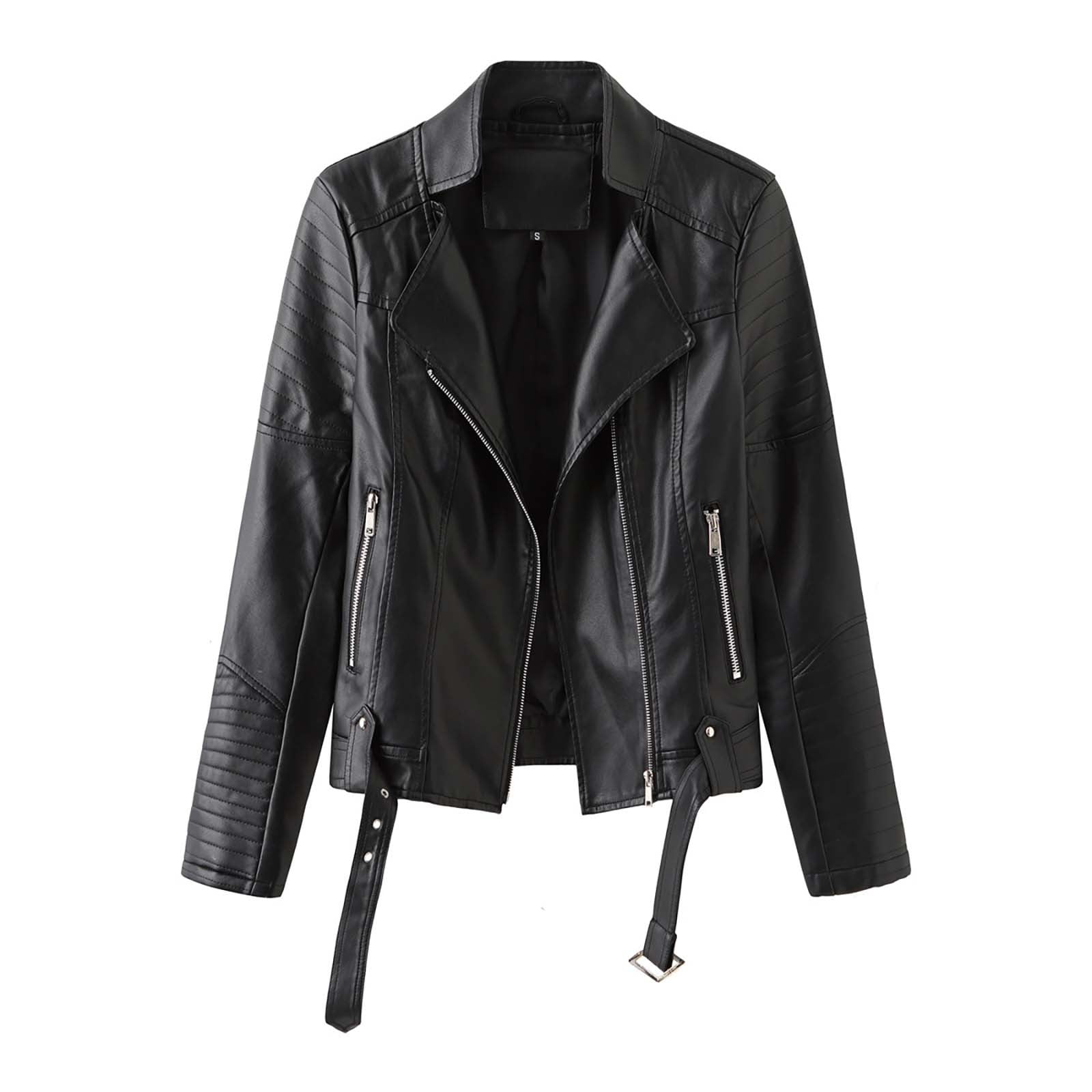 Mnjin Womens Faux Leather Motorcycle Jacket Plus Size Thin Notched Lapel Long Sleeve Jacket Coat