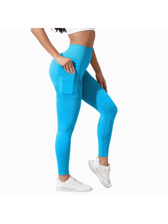 Anti Cellulite Compression 3D Leggings with Pockets Women Butt Lifting Tummy Control Workout Gym Yoga Pants Sky Blue for Size L