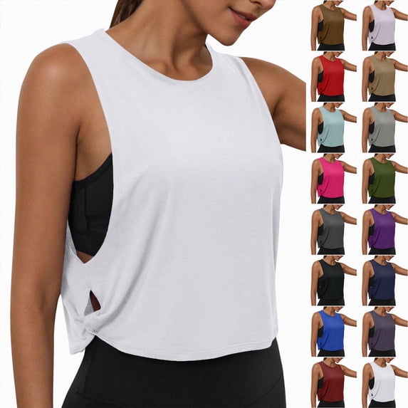 Mnuaqn Athletic Tank Tops for Women Twist Knot Cut Out Side Slit Crop Tops Yoga Workout Loose Fit Sleeveless T-Shirts (Blue, L)