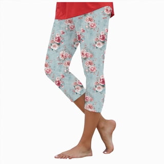 Mnuaqn Capri Leggings for Women Floral Print High Waist Tummy Control Capris Comfy Stretch Cropped Yoga Pants Summer Outfits (XL, Light Blue)