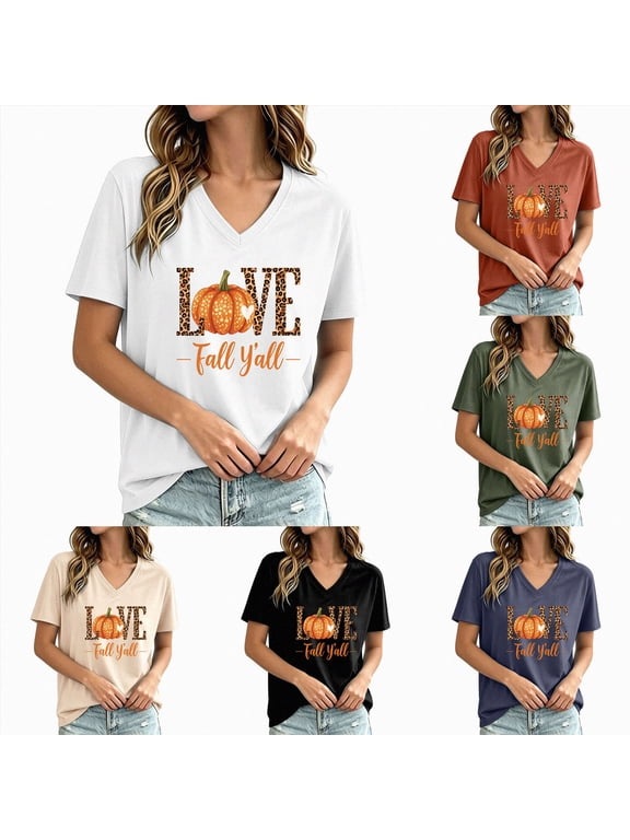Fall Halloween Thanksgiving V Neck Shirt for Women Funny Pumpkin Graphic Stripe Short Sleeve Tops