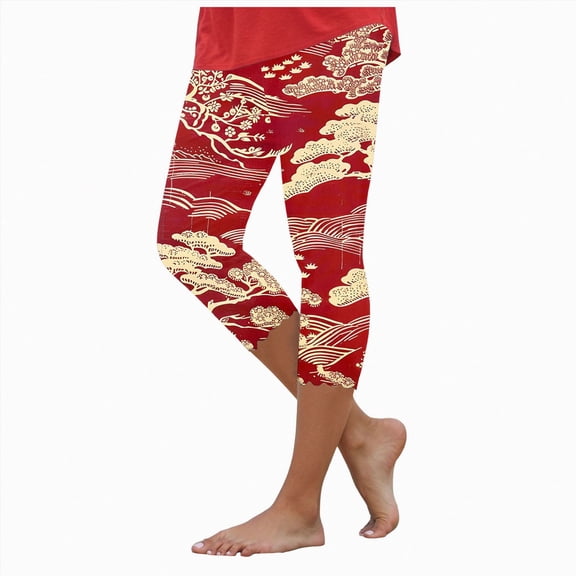 Mnuaqn Floral Capri Pants for Women High Waist Tummy Control Printed Leggings Trendy Casual Dressy Comfy Silm Fit Tights (4XL, Red)