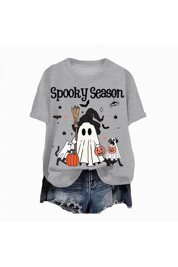 Flower Ghost Sketch Shirt Women Retro Vintage Groovy Halloween Ghost Tshirt Short Sleeve Fall Holiday Tops (Grey,M)