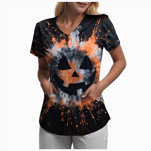 Mnuaqn Halloween Scrub Tops Women Cute Horror Bats, Pumpkin Print V-Neck Nurse Shirts Medical Uniforms with Pockets Black,Size XXL
