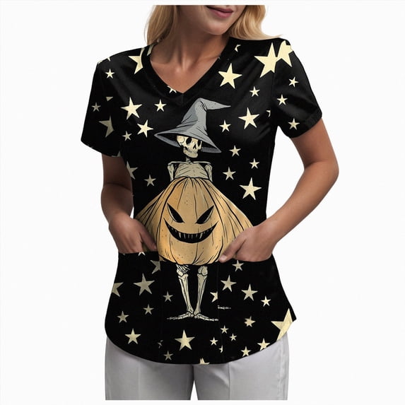 Mnuaqn Halloween Scrub Tops Women Cute Horror Bats, Pumpkin Print V-Neck Nurse Shirts Medical Uniforms with Pockets Light Yellow,Size XL