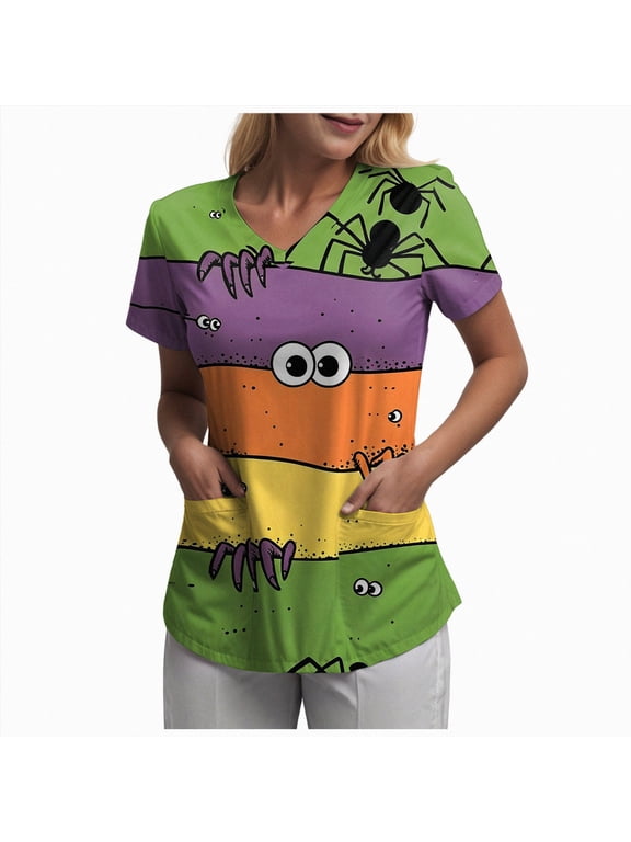 Halloween Tops for Women Plus Size V Neck Short Sleeve Nurse Scrubs Pumpkin Bat Print Medical Uniform with Pockets Light Green,Size M