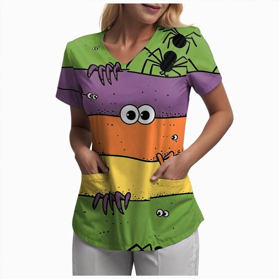 Mnuaqn Halloween Tops for Women Plus Size V Neck Short Sleeve Nurse Scrubs Pumpkin Bat Print Medical Uniform with Pockets Light Green,Size S