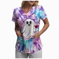 thumbnail image 1 of Mnuaqn Halloween Tops for Women Plus Size V Neck Short Sleeve Nurse Scrubs Pumpkin Bat Print Medical Uniform with Pockets Light Purple,Size S, 1 of 7
