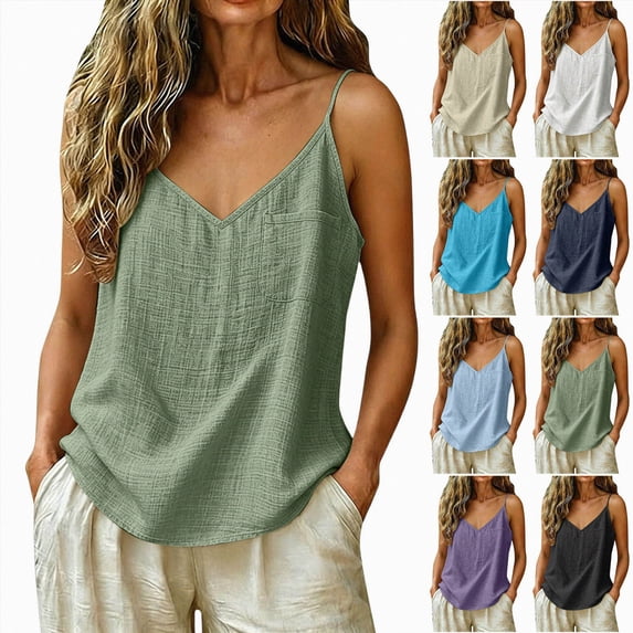 Mnuaqn Linen Tank Tops for Women Cotton Linen Spaghetti Strap Sleeveless Summer Casual Loose Fit Beach Vacation Cami (Light Blue, M)