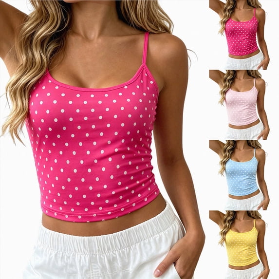 Mnuaqn Polka Dots Tank Top for Women Teens Girls Cute Summer Tops Y2K Square Neck Camisole Slim Fit Going Out Tops (Hot Pink, L)