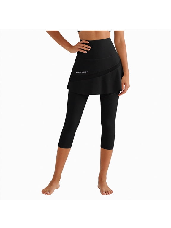 Tennis Skirted Leggings with Pockets for Women Active Skort Athletic Ruffle Pleated Golf Skapri with Skirt Black for Size M