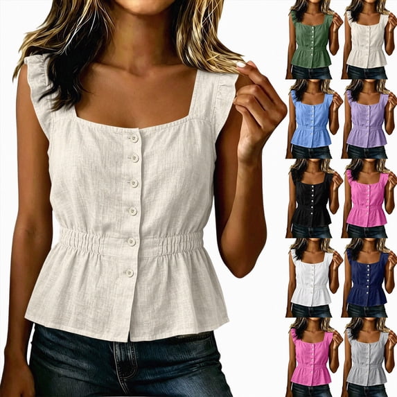 Mnuaqn Women Button Front Tank Tops Sleeveless Square Neck Ruffle Strap Blouses Summer Cute Casual Peplum Tunic Shirts (Beige, XXL)