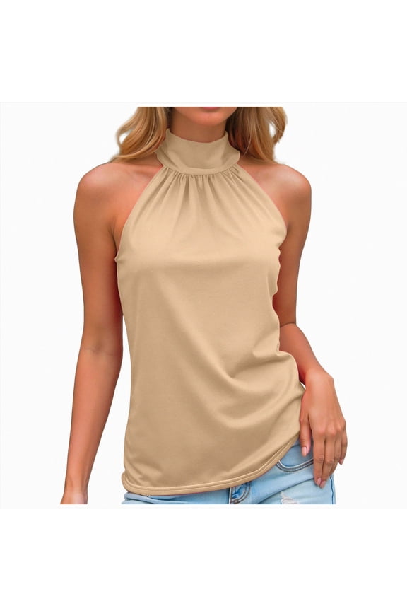 Women Chiffon Halter Tops Open Back Mock Neck Y2k Sleeveless Tanks Flowy Bubble Hem Cami Going Out Crop Top (Khaki,XL)