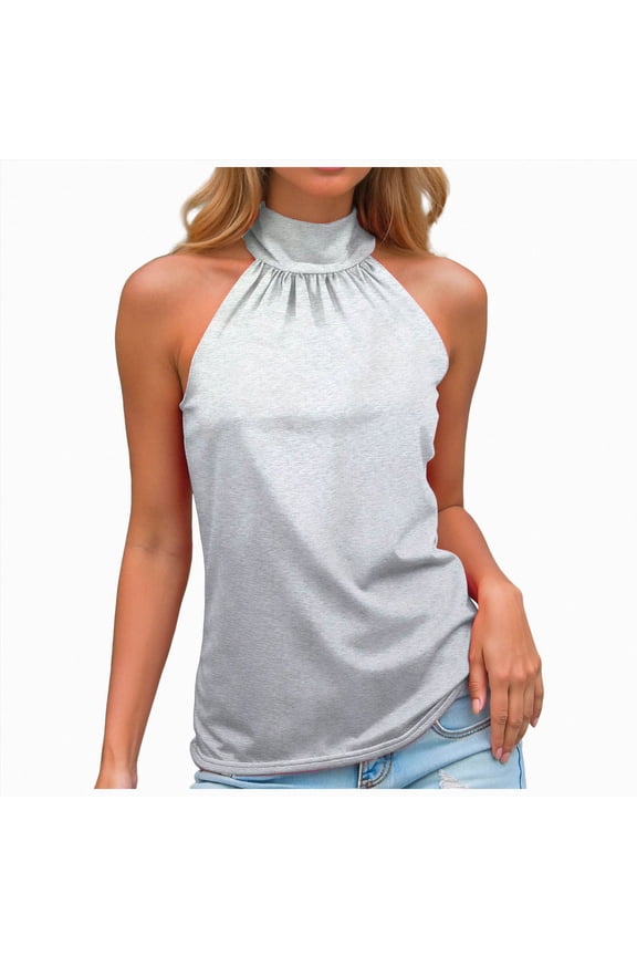 Women Chiffon Halter Tops Open Back Mock Neck Y2k Sleeveless Tanks Flowy Bubble Hem Cami Going Out Crop Top (Light Gray,XXL)