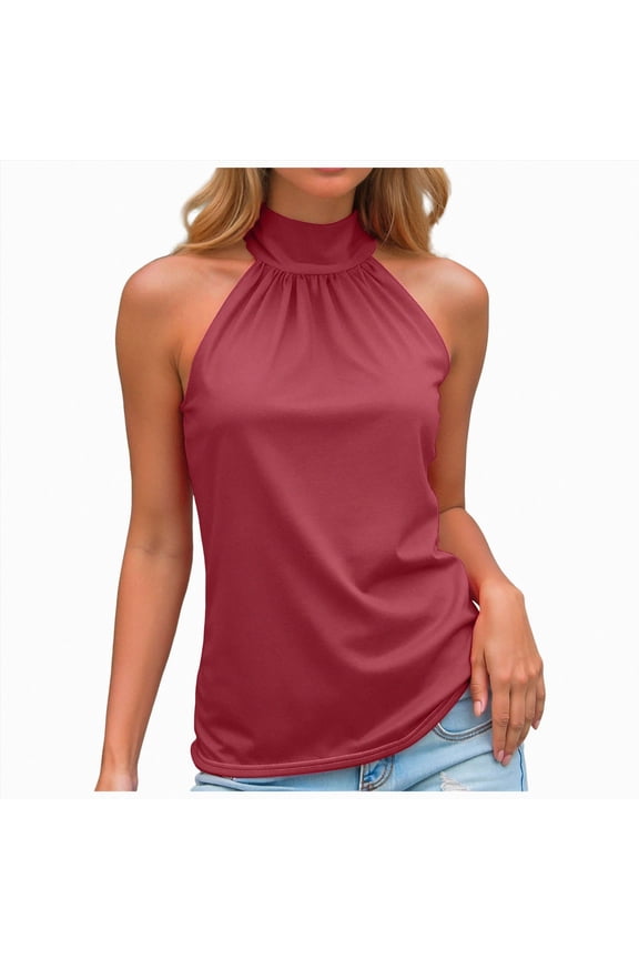 Women Chiffon Halter Tops Open Back Mock Neck Y2k Sleeveless Tanks Flowy Bubble Hem Cami Going Out Crop Top (Wine,S)