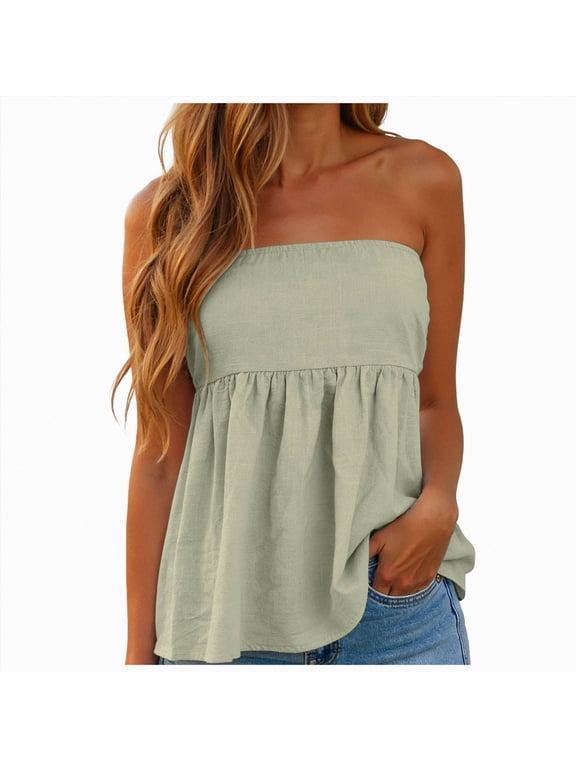 Women Strapless Peplum Top Y2k Floral Tube Tops Ruffle Hem Babydoll Summer Going Out Bandeau Top (Light Green,M)