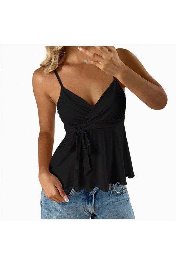 Women's Babydoll Tops Sleeveless V Neck Peplum Crop Wrap Top Cute Summer Tie Front Camisole (Black,S)