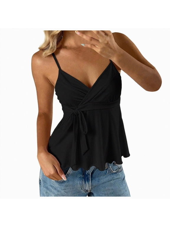 Women's Babydoll Tops Sleeveless V Neck Peplum Crop Wrap Top Cute Summer Tie Front Camisole (Black,S)