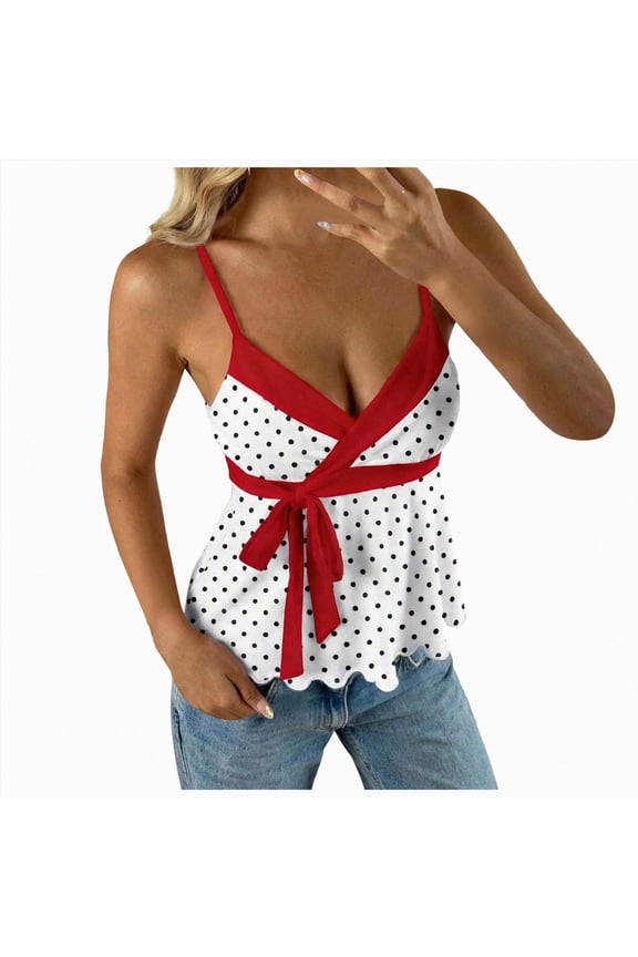 Women's Babydoll Tops Sleeveless V Neck Peplum Crop Wrap Top Cute Summer Tie Front Camisole (Watermelon Red,XL)