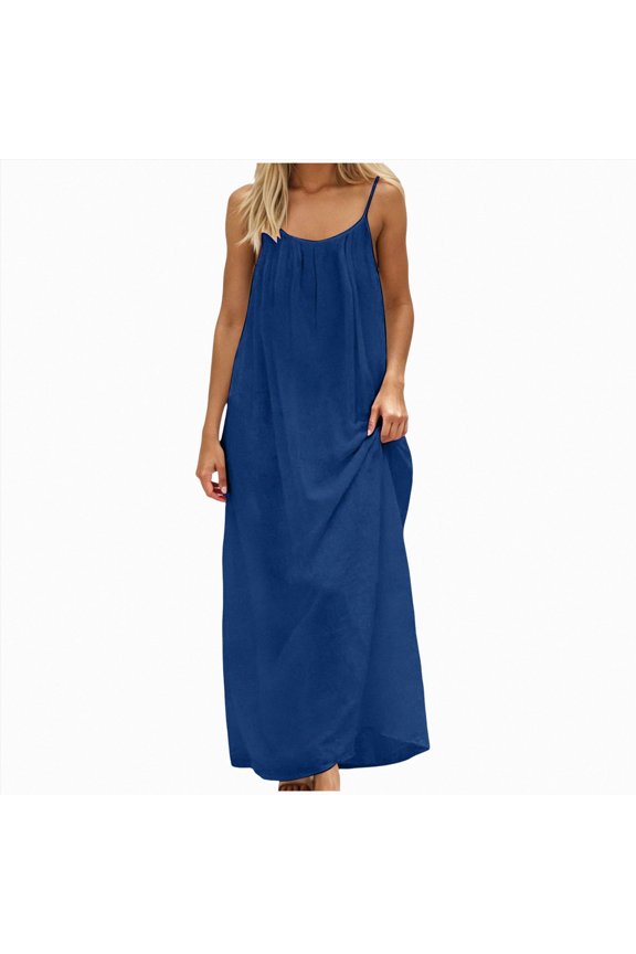 Women's Backless Dress Spaghetti Strap Maxi Dress Summer Casual Flowy Vacation Beach Sundress (L, Blue)