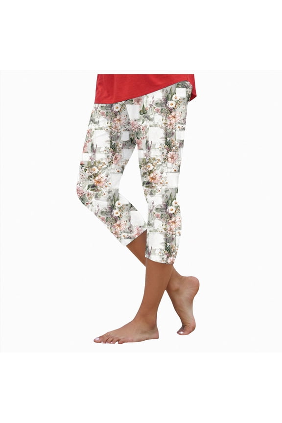 Women's Summer Elastic High Waisted Floral Capri Leggings Comfy Stretch Slim Knee Length Cropped Yoga Pants (M, White)