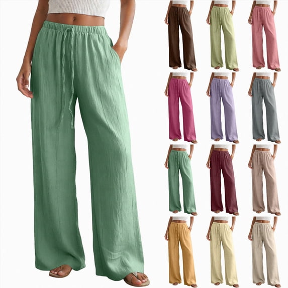 Mnuaqn Womens Fashion Linen Pants Solid Casual High Waist Loose Fit Drawstring Trousers with Pockets (Pink, XS)