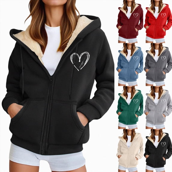Mnuaqn Womens Fleece Lined Zip Up Hoodie Thermal Warm Sherpa Pullover Sweatshirts Love Heart Print Sweaters Cute Tops (Black, L)