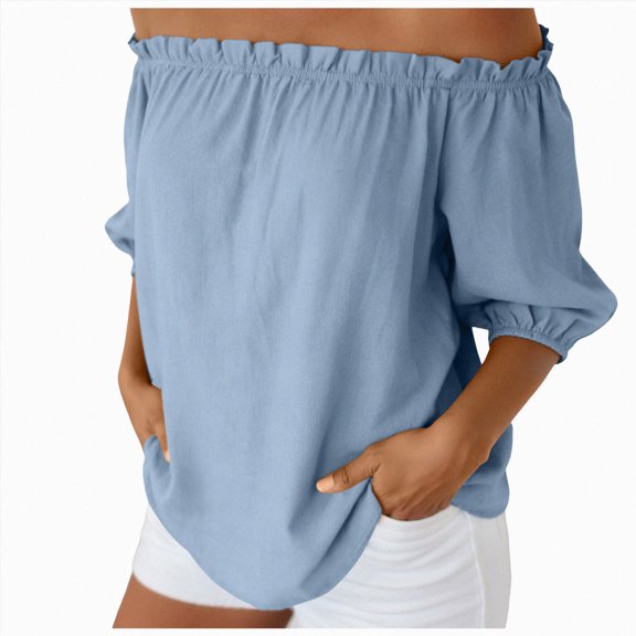 Mnuaqn Womens Tops Off The Shoulder Blouses for Women Dressy Casual Cute Puff Sleeve T Shirts Fashion 2026 (Sky Blue, S)
