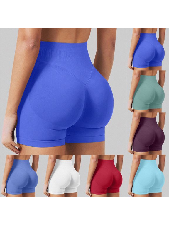 Womens Workout Seamless Scrunch Butt Lifting Shorts High Waisted Tummy Control Gym Yoga Shorts (Blue, L)