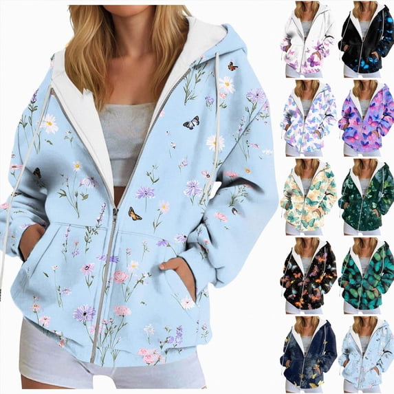 Mnuaqn Womens Zip Up Hoodies Boho Floral Long Sleeve Sweatshirts Casual Graphic Y2K Hoodie Fall Hooded Jacket with Pockets (Black, XXXL)