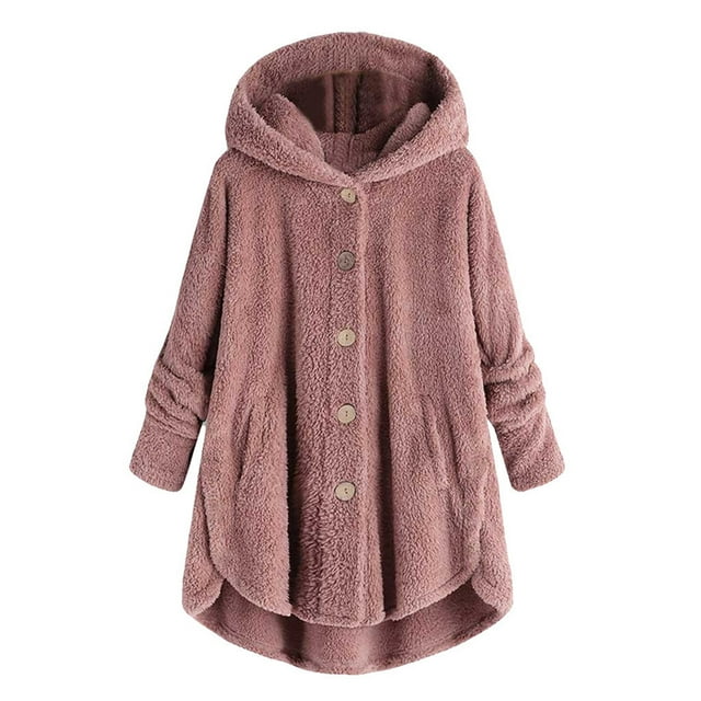 Mnycxen Women Plus Size Button Plush Tops Hooded Loose Cardigan Wool Coat Winter Jacket