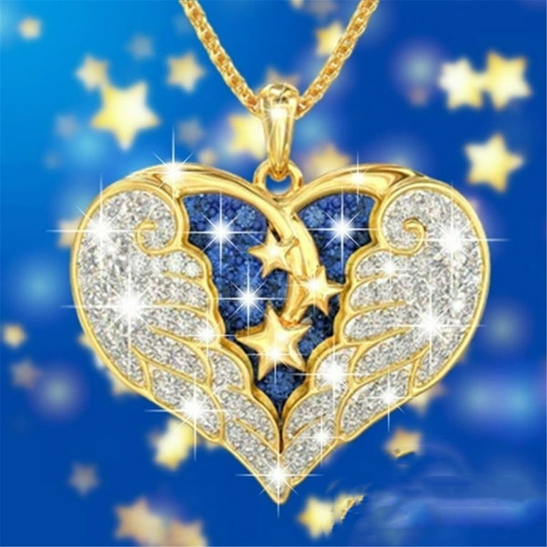 Mnycxen follureAngel Wing Pendant Necklace Gold Blue Diamond Sta-rry Angel  Wing Heart Pendant