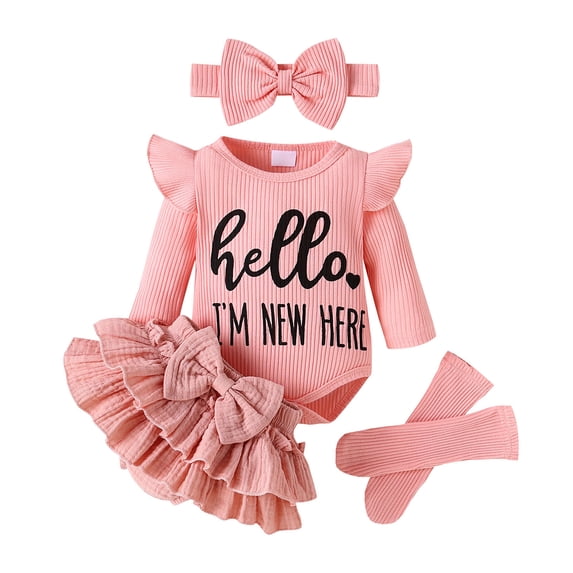 Mnyotv Baby Girl Clothes 4Pcs Sets Printed Ruffle Romper Tutu Dress Shorts and Socks with Headband for Infants Size 3-6Months
