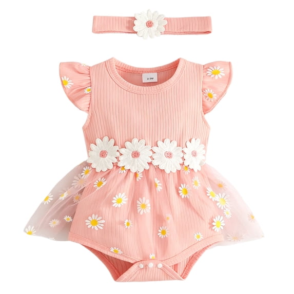Mnyotv Baby Girl Summer Clothes Flutter Short Sleeve Dress Rompers with Headbands Floral Jumpsuits Size 9-12 Months