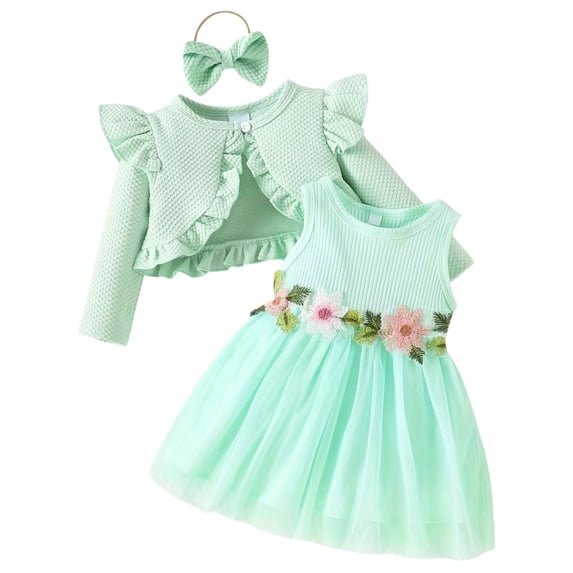Mnyotv Baby Girl Tutu Dress with Cardigan Headband 3Pcs Set Floral Mesh Dresses Birthday Outfits for Girls Size 3-6Months