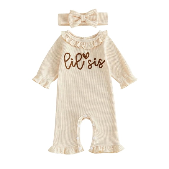 Mnyotv Baby Girls Bodysuits Letter Print Long Sleeve Rompers with Bow Hairbands Newborn Infants Clothes Size 6-9Months