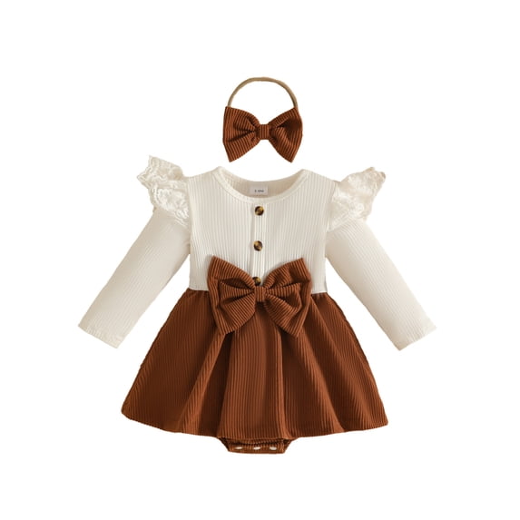 Mnyotv Baby Girls Clothes Cute Bow Rompers with Headbands Long Sleeve Jumpsuits Fall Winter Outfits for Infants Size 0-3 Months