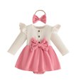 thumbnail image 1 of Mnyotv Baby Girls Clothes Cute Bow Rompers with Headbands Long Sleeve Jumpsuits Fall Winter Outfits for Infants Size 12-18 Months, 1 of 6