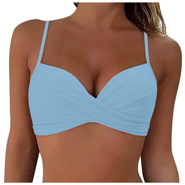 Mnyotv Bathing Suits for Women Women Back Stainless Steel Hooks Swimwear Tops Underwire Full Coverage Bikini Top Push Up Swim Crop Top Tie Back Bathing Suit Tops Light Blue L