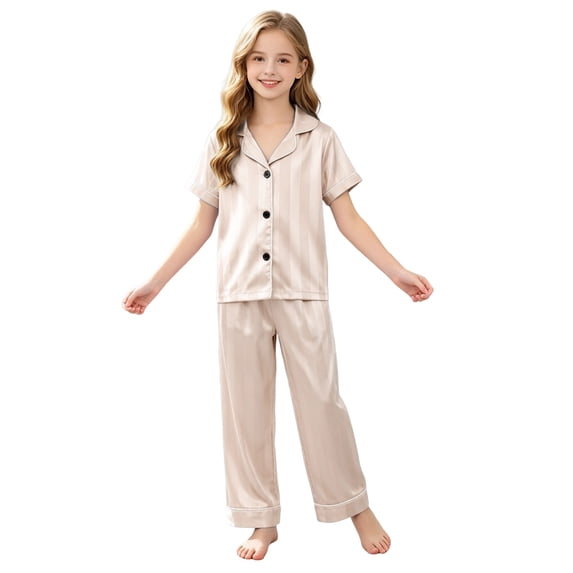 Mnyotv Boys Girls Satin Set Short Sleeve Button Down Pajama Set Homewear Unisex Casual Lounge Sets Size 5-6 Years