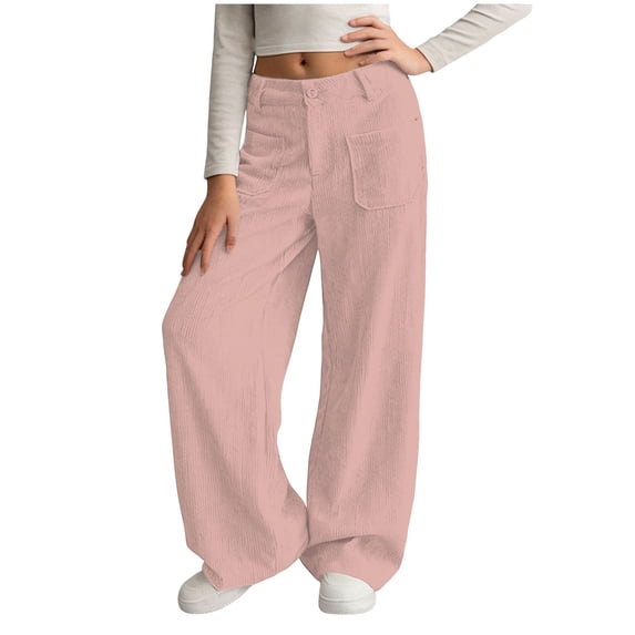 Mnyotv Corduroy Wide Leg Pants for Girls Vintage High Waist Trousers with Pockets Loose Solid Sweatpants Size 5-6Y