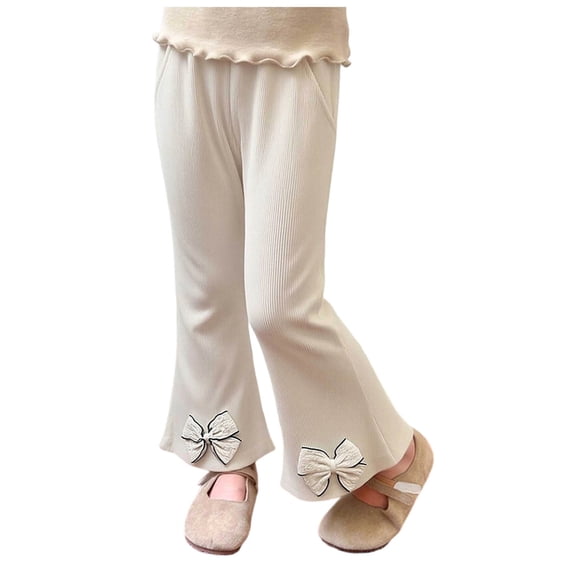 Mnyotv Cute Bow Flared Wide Leg Pants Elastic High Waist Leggings for Girls with Pockets Spring Fall Clothes Size 9-10 Years