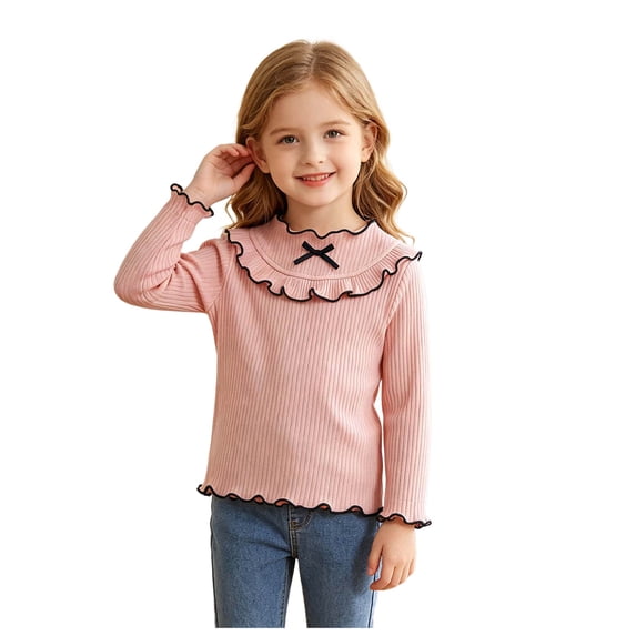 Mnyotv Cute Bow Ruffle Tops for Girls Fall Clothes Long Sleeve Thermal Undershirts Top Size 3-4Y