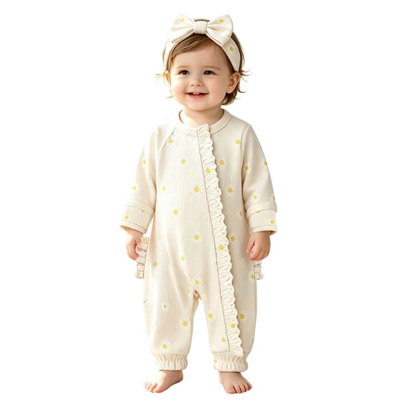 Mnyotv Cute Clothes for Infants Floral Long Sleeve Jumpsuits Rompers and Headbands Newborn Baby Girl Outfits Size 0-3Months