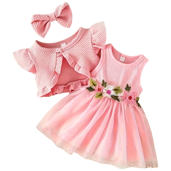 Mnyotv Floral Mesh Sleeveless Dresses for Girls Toddler Baby Clothes Tutu Dress Cardigan Headband 3Pcs Set Size 12-18Months