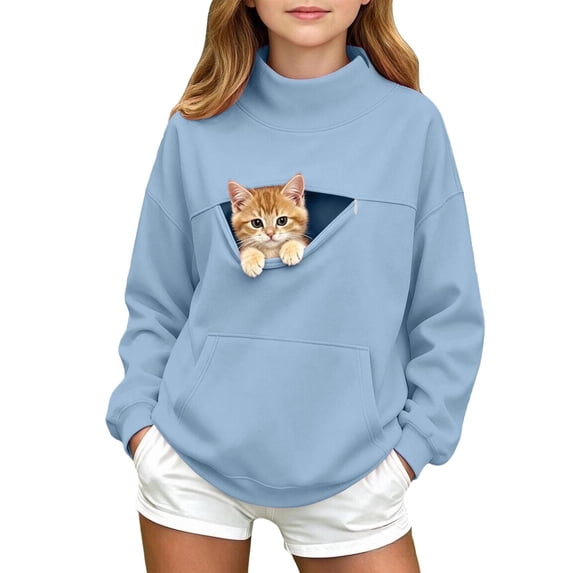 Mnyotv Girls Cat Pouch Sweatshirt Fleece Lined Long Sleeve Hoodless Pullover Sweatshirts with Pet Pockets Size 7-8 Years