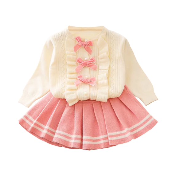 Mnyotv Girls Clothes Ruffle Bow Long Sleeve Sweaters with Dress Skirts 2Pcs Matching Sets Fall Winter Outfits Size 12-18Months