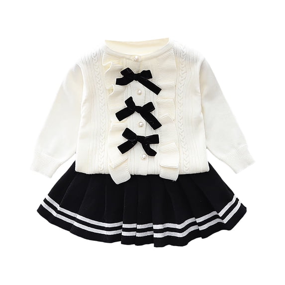 Mnyotv Girls Clothes Ruffle Bow Long Sleeve Sweaters with Dress Skirts 2Pcs Matching Sets Fall Winter Outfits Size 3-4Y