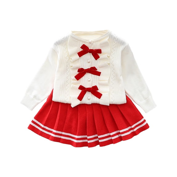 Mnyotv Girls Clothes Ruffle Bow Long Sleeve Sweaters with Dress Skirts 2Pcs Matching Sets Fall Winter Outfits Size 4-5Y
