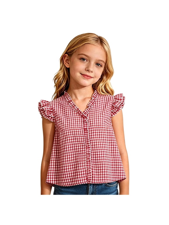 Girls Dirndl Blouses Traditional Summer Plaid T Shirts Flutter Sleeve Ruffle V Neck Tops Size 7-8 Years